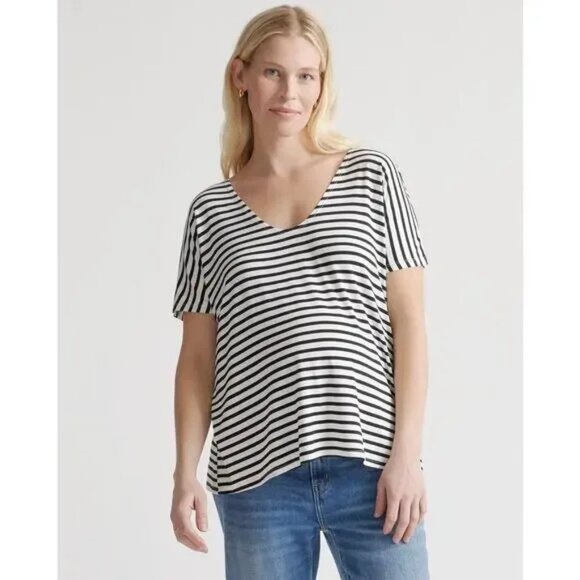 Quince Bamboo Jersey Maternity V-Neck Tee Top Striped Black White M - Picture 1 of 10